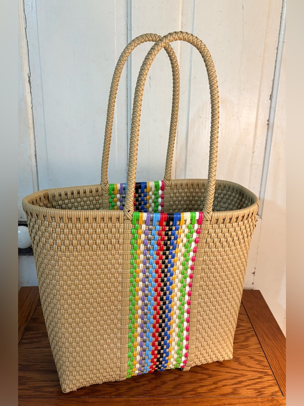Woven Straw Tote with Multicolor Accent - Natural